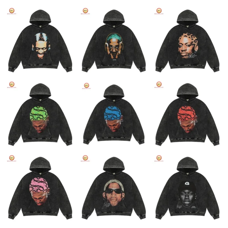 New Fall Winter High Quality RODMAN Vintage Hoodie Printed Avatar Washed Cotton Loose Hoodie