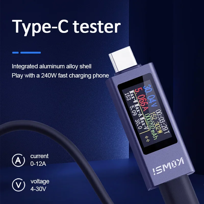 Tester mocy Type-C, cyfrowy woltomierz amperomierz DC 4-30V 12A, miernik napięcia i prądu do ładowarek, power banków, detektor pojemności. — zdjęcie 3