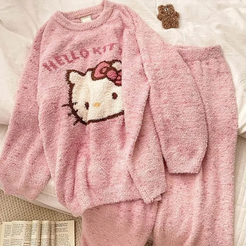 Cute Sweet Cartoon Hello Kitty Pink Plush Velvet Pajamas Women's Winter Thick Warm Casual Home Clothes Nightwear Set