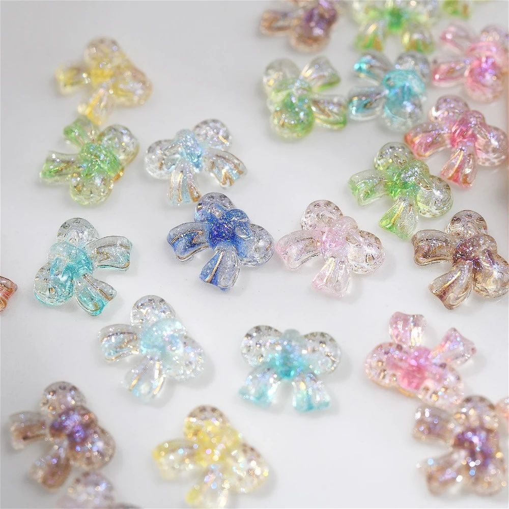 50pcs Ice Transparent Gold Bowtie Nail Art Accessories Cute 3D Acrylic Sparkling Ribbon Bow Diy Nail Hairpin Decor Accessory
