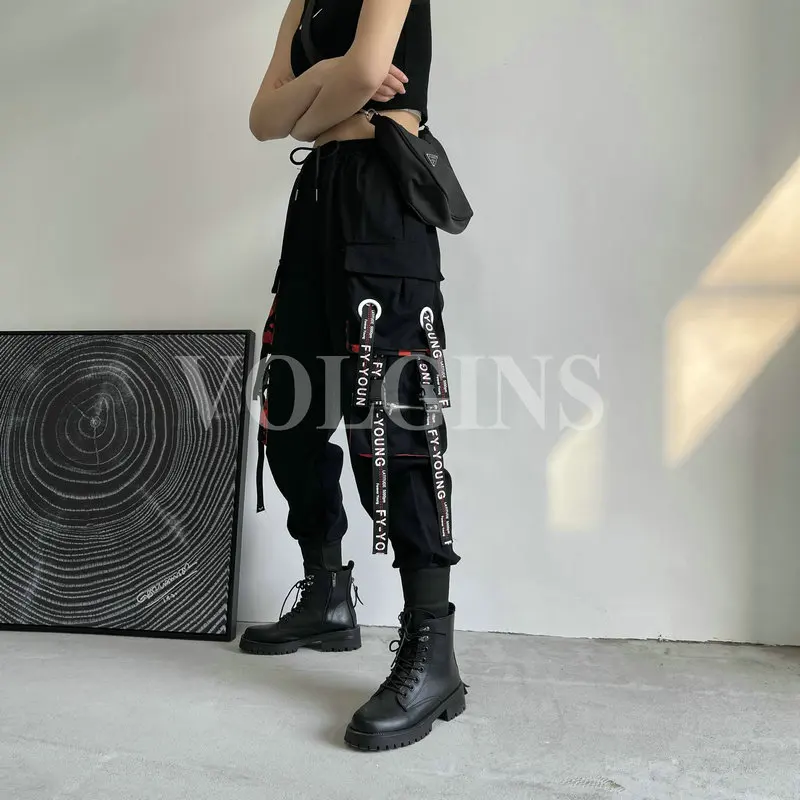 Women's Cargo Pants Ribbon Pocket Jogger Elastic Waist High Streetwear Harajuku Pant Punk Cotton Females Trousers 2023 New