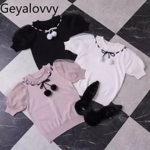 

Оригинальная осенняя футболка в японском стиле массового производства с рюшами и воротником, вязаный топ с короткими рукавами и рукавами