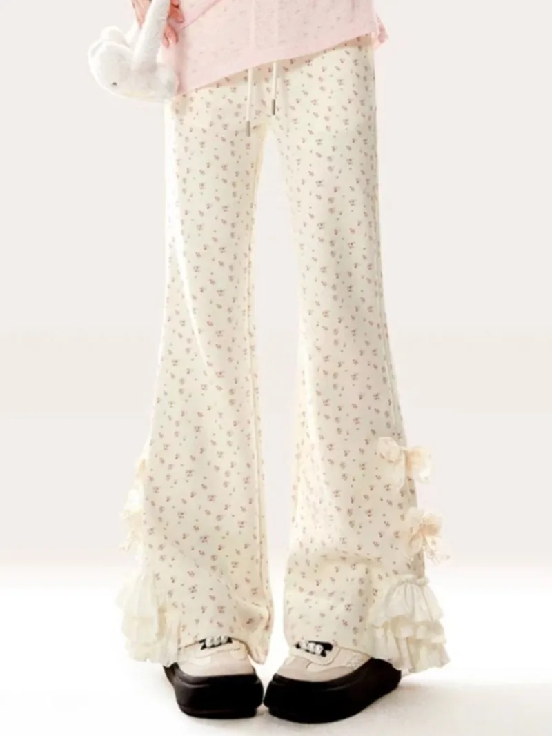 

Брюки-микро-клеш для девочек, весна-осень 2026, новые, с французским бантом, кружевом и цветочным принтом, стройнящие, подчеркивающие фигуру, повседневные