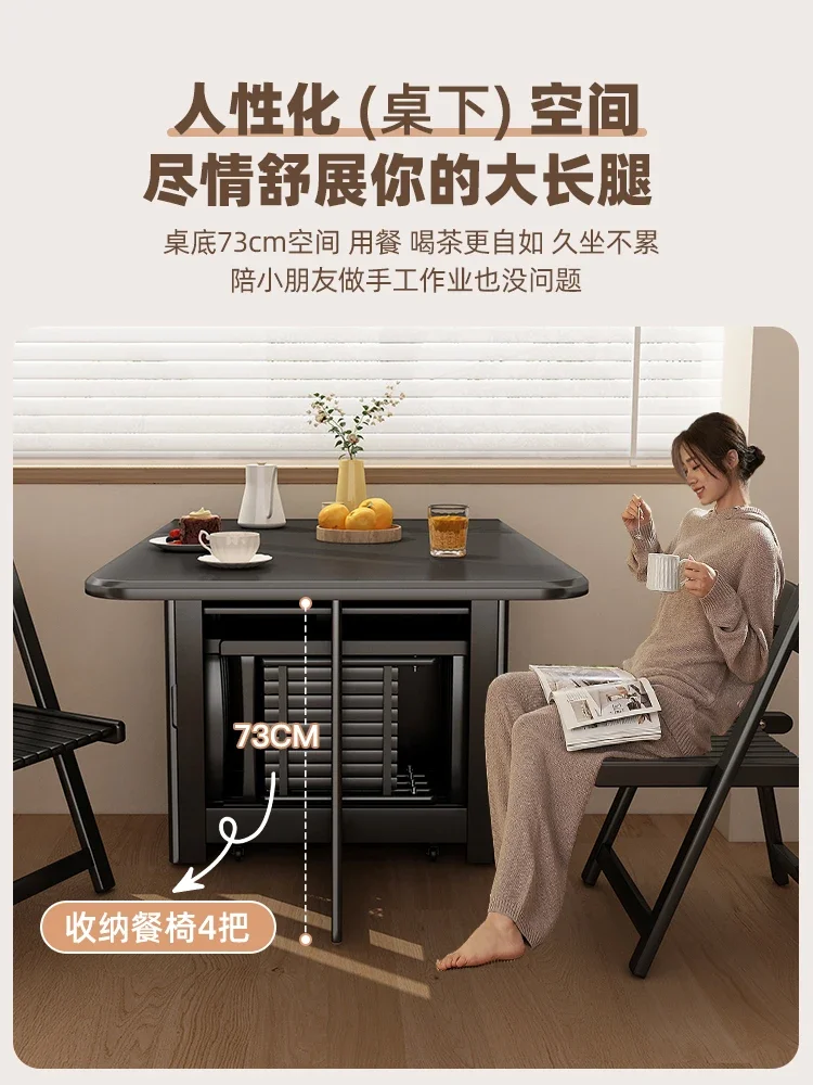 Retro 1.4 meters dining table black solid wood space saving multi-function invisible foldable