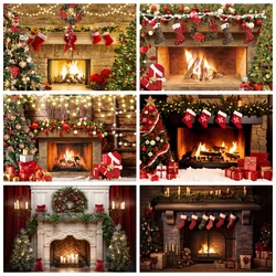 Christmas Fireplace Backdrop for Photography Burning Fireplace Xmas New Year Winter Family Party Decor Background Photo Studio