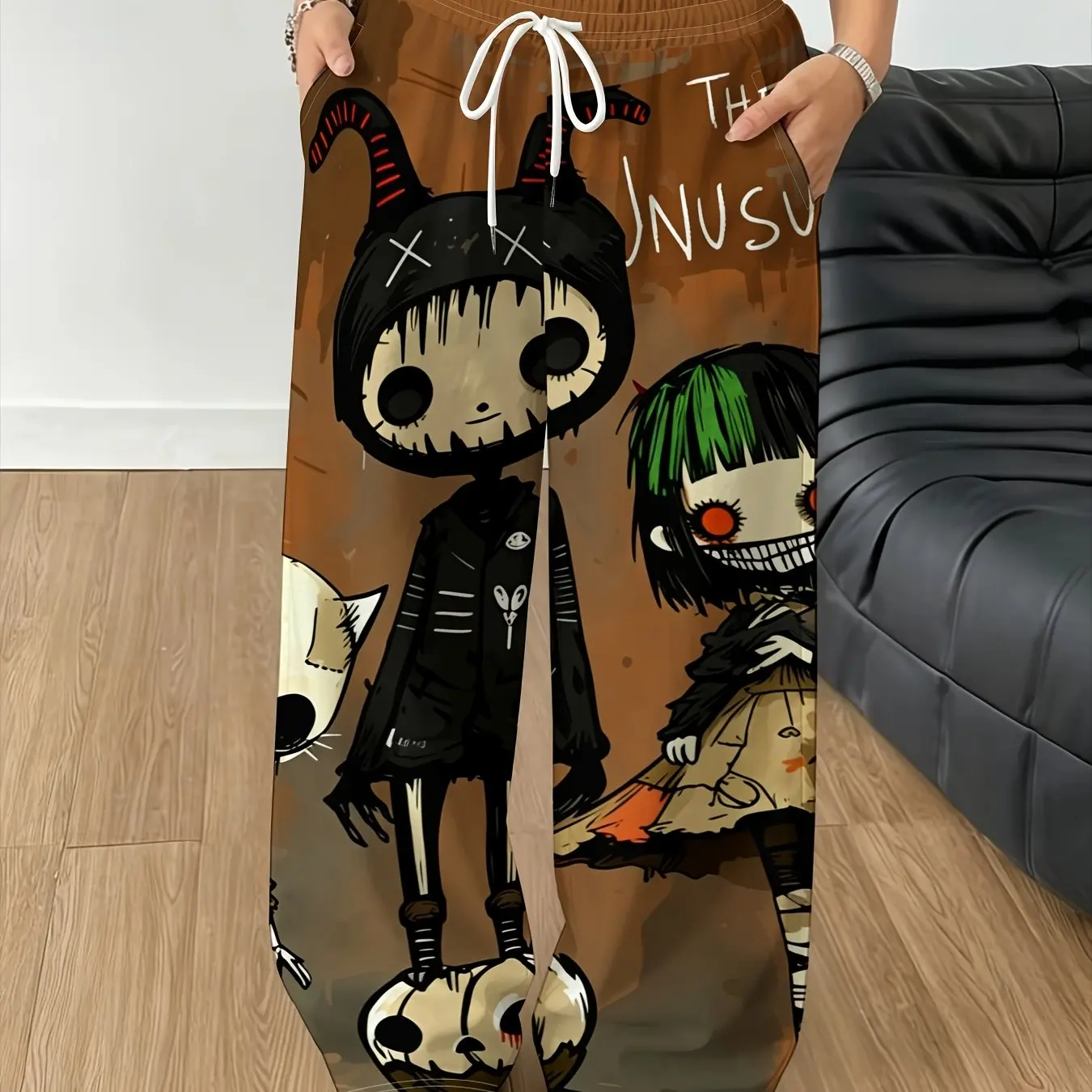 New Anime print Model women Gothic Vertical Graphic Wide Leg Sweatpants Drawstring Loose Straight Y2K Dark Punk Streetwear Pants