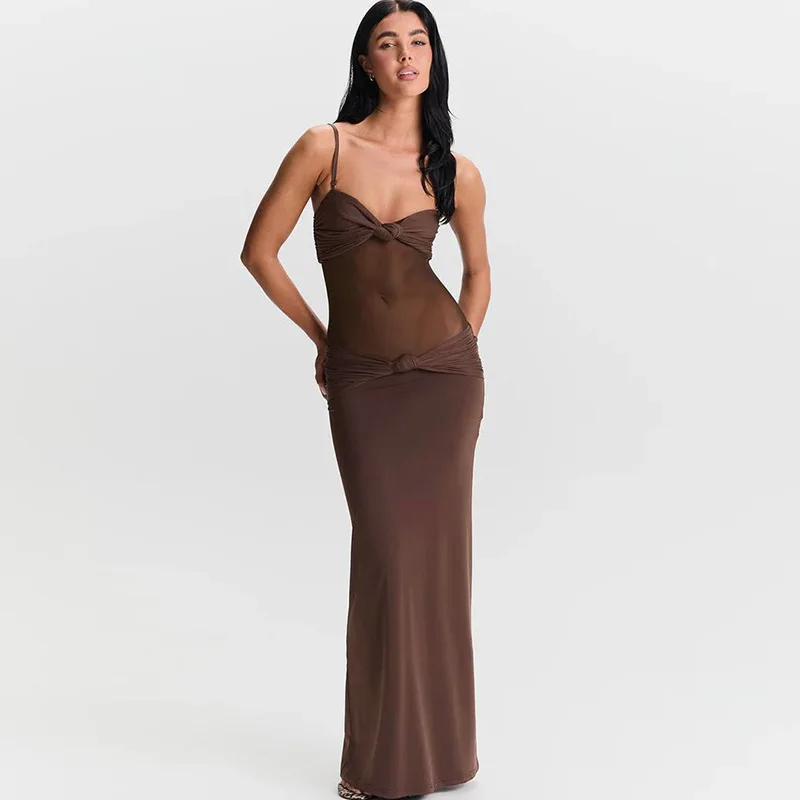 

2025 autumn and winter new women's clothing temperament sexy backless mesh splicing kink suspender dress