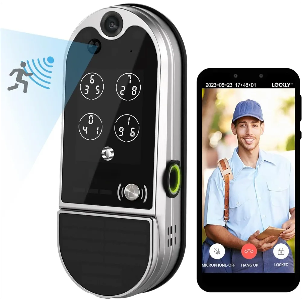 WiFi Video Smart Lock with Night Vision Camera, Biometric Fingerprint, Smart Lock with Voice Control, App Control, Solar Panel