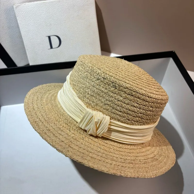 Natural Raffia Flat Top Hat Women French Hepburn Style Sun Hat Summer Beach Vacation UV Protection Straw Hat Gift For Mom