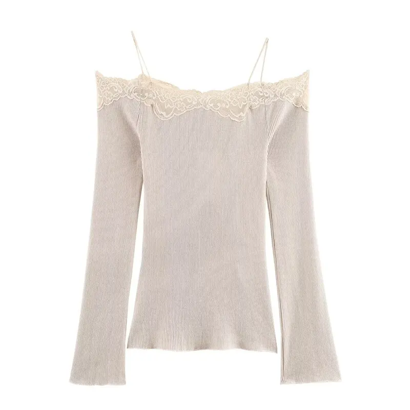 Spring 2026 Women's Long Sleeve Straight Collar Lace Shoulder Bared Patchwork T-shirt Commute Style Standard Edition