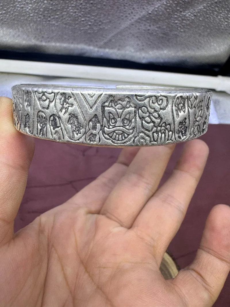 

Hand Carved Tibetan Silver Bangle with Lucky Characters, Adjustable Retro Unisex Heavy Jewelry