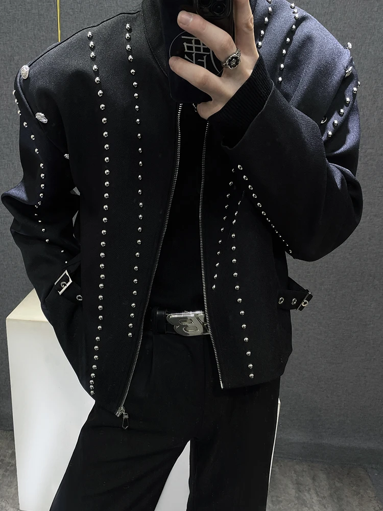 Rivet Decorative Long Sleeve Jacket Boys 2024 Autumn New Male Casual Loose Stand Collar Black Chic Coat High Street Short Jacket