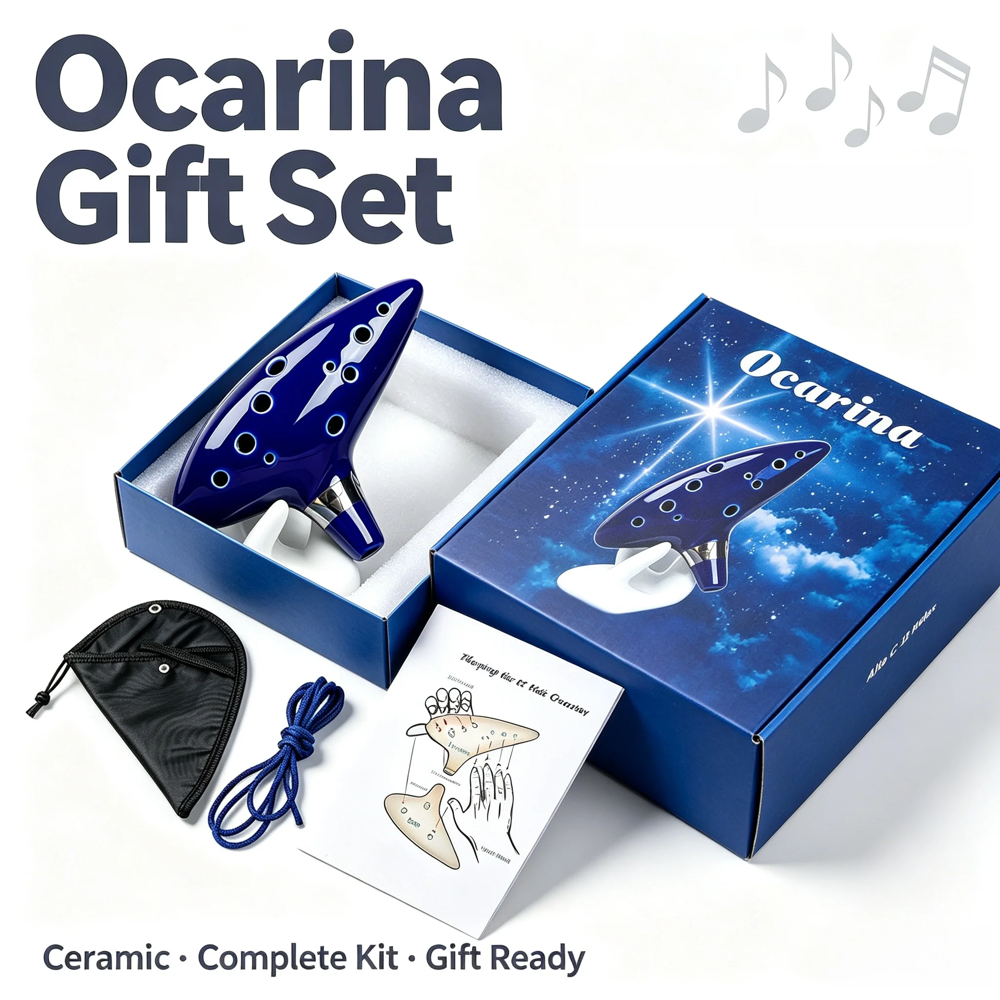12 Hole Alto C Ceramic Ocarina 12 Tone Flute Musical Instrument with Song Book Neck Cord Carry Bag Blue