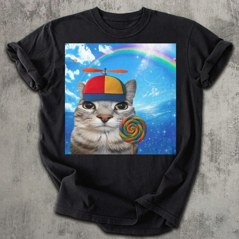 Happy Cat Dreamcore T-shirt Funny Cats Brainrot Meme Tee Silly Kitten Cat Funny Meme Print  Y2k Clothes Cotton T-shirt Harajuku