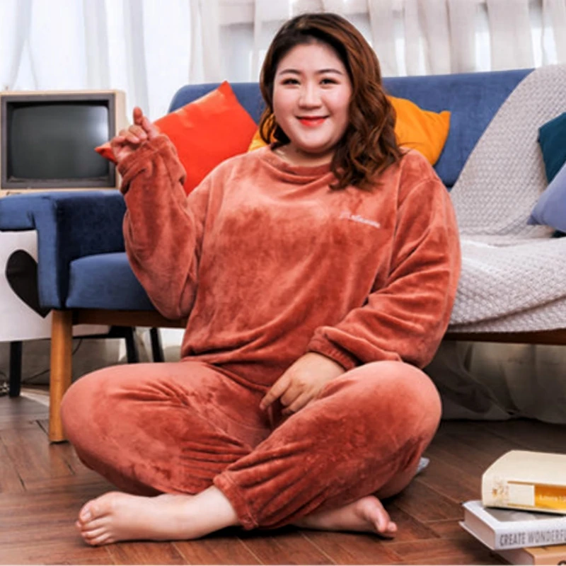 Plus Size Sets Women Clothing Women\'s Pajamas Sets Velvet Top Elastic Waist Trousers Sleepwear 2 Piece Set Outfit Home Clothes