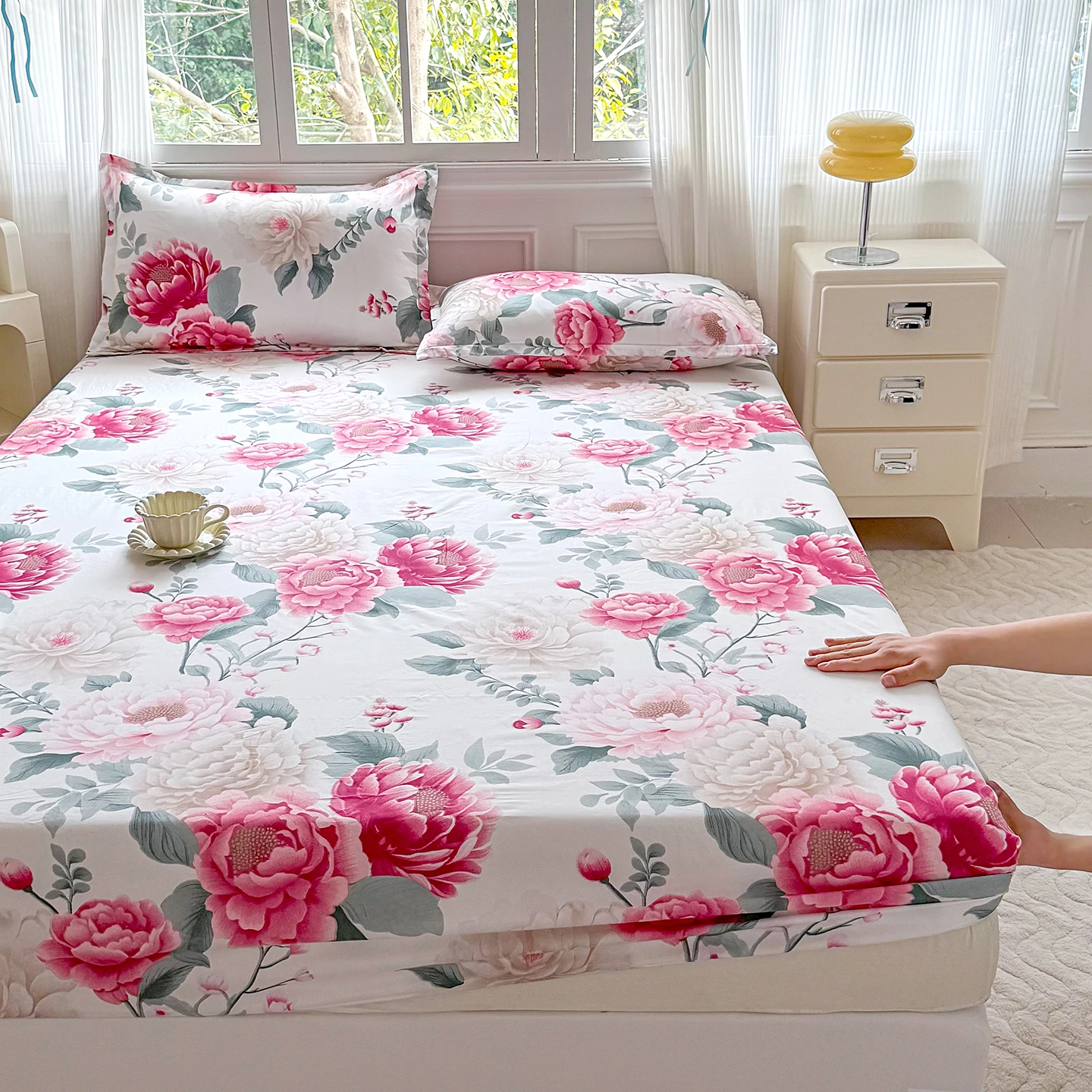 Sábana Ajustable con Estampado Floral y Elástico, Individual/Doble/Queen/King, Sábana para Cama, Agradable al Tacto, Ropa de Cama