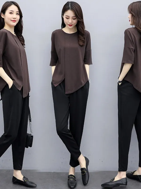 plus Size Summer Outfit Short Sleeve 200 Pounds Harlan Pants Two Piece Set Casual Korean Style Loose Fit High Waist Long Pants