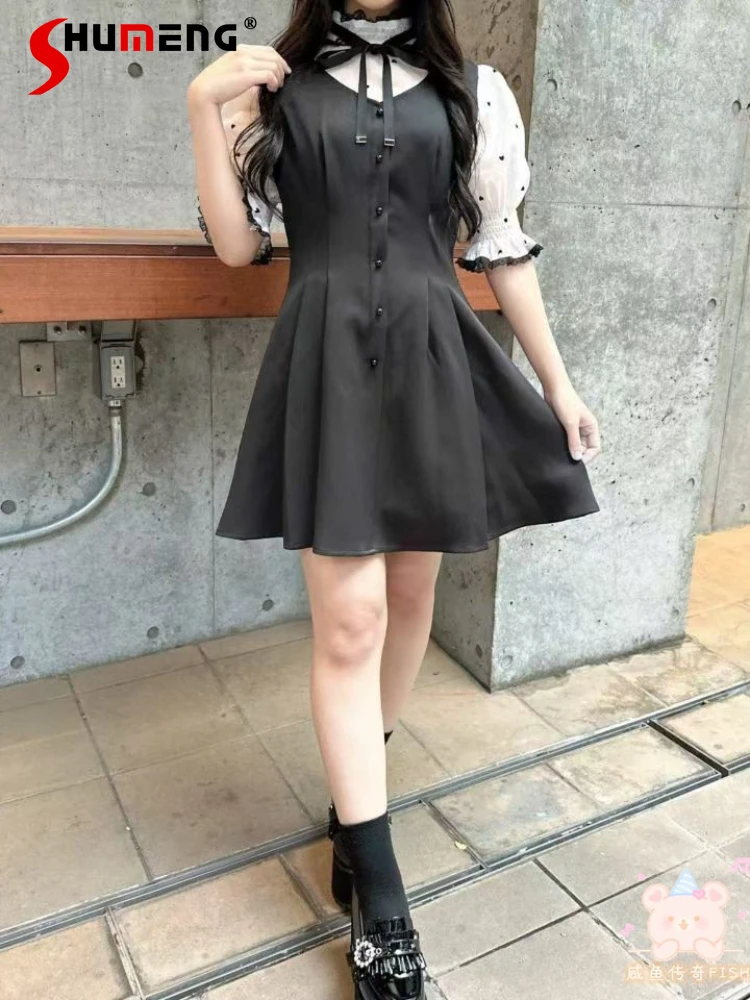 

Japanese Mine Heart Printed Lace Stitching Lace-up Stand Collar Flared Sleeves Slim Fit A-line Fake Two Pieces Sweet Dress Women