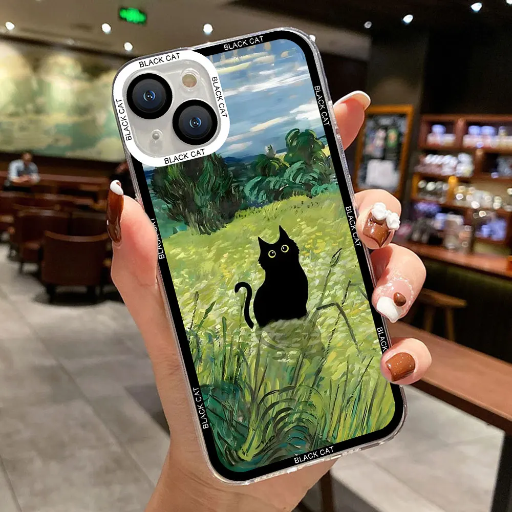 Retro Scenery Sunset Aesthetic Black Cat Phone Case for IPhone 15 14 13 12 11 Pro Max XS X XR 7 8 15Plus Clear Soft Cover Fundas