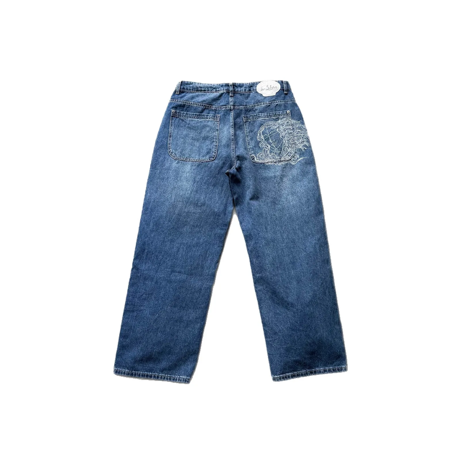 Derschutze High-Quality Heavy-Duty Embroidered Goddess Distressed Washed Straight-Leg Jeans Men's Streetwear Pants