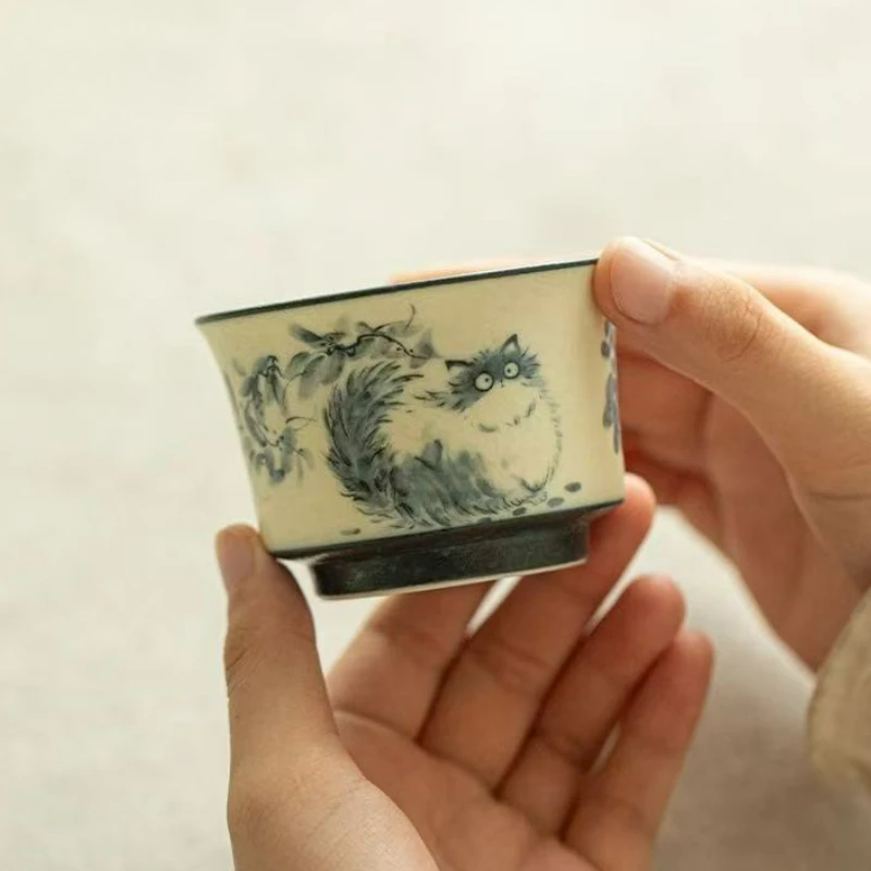 

Chinese Vintage Ceramic Tea Cup Household Handmade Cute Cat Master Tea Cups Travel Personal Kung Fu Teaware Accessories New