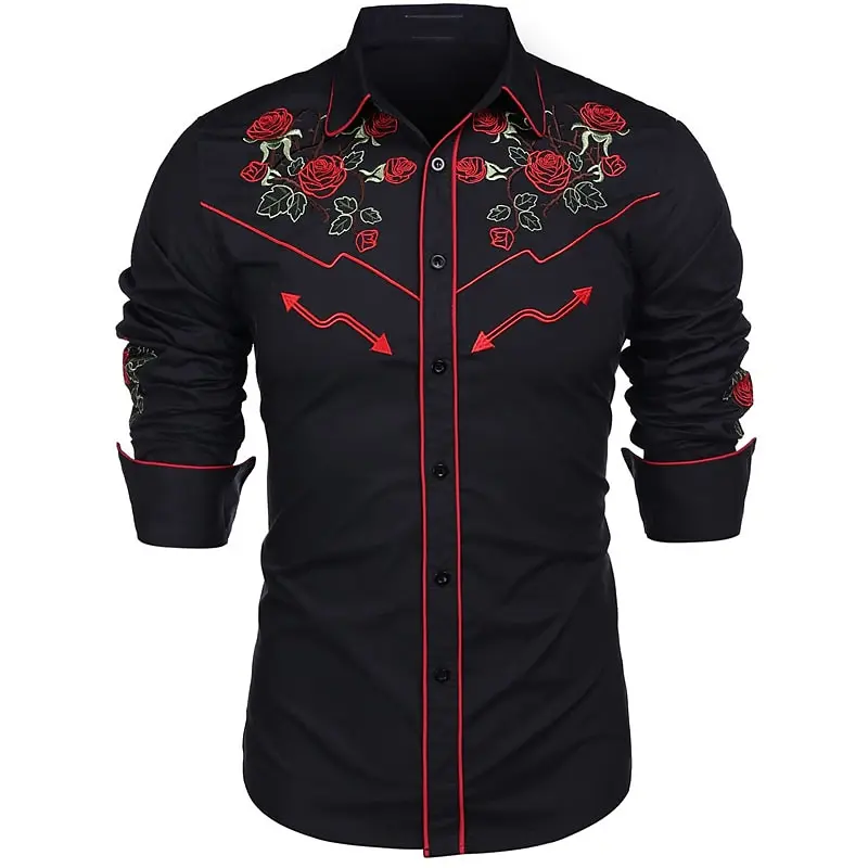 Men\'s Western Shirt Rose Print Lapel Outdoor Street Long Sleeve Printed Button Fashion Designer Western Style