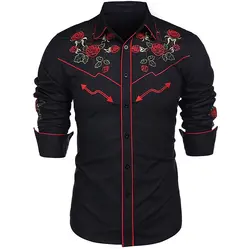 Camicia Western da uomo con stampa rosa risvolto Outdoor Street manica lunga stampata con bottoni Fashion Designer stile occidentale