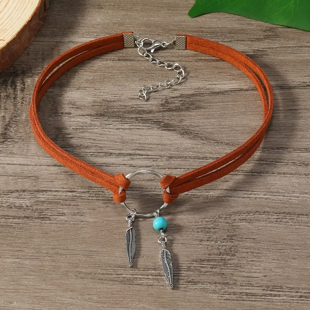 Ethnic Style Leaf Tassel Choker Retro Woven Rope Turquoise Stone Necklace Leather Feather Pendant Bohemian Necklace Women