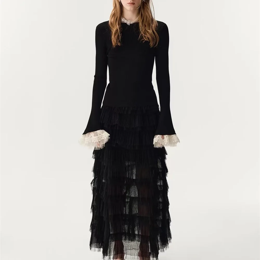 2026 Women’s Fashion: Stretchy, Corset-Style Knitted Top with Lace Details – Y2K-Inspired Pullover with Ruffled Sleeves bra
