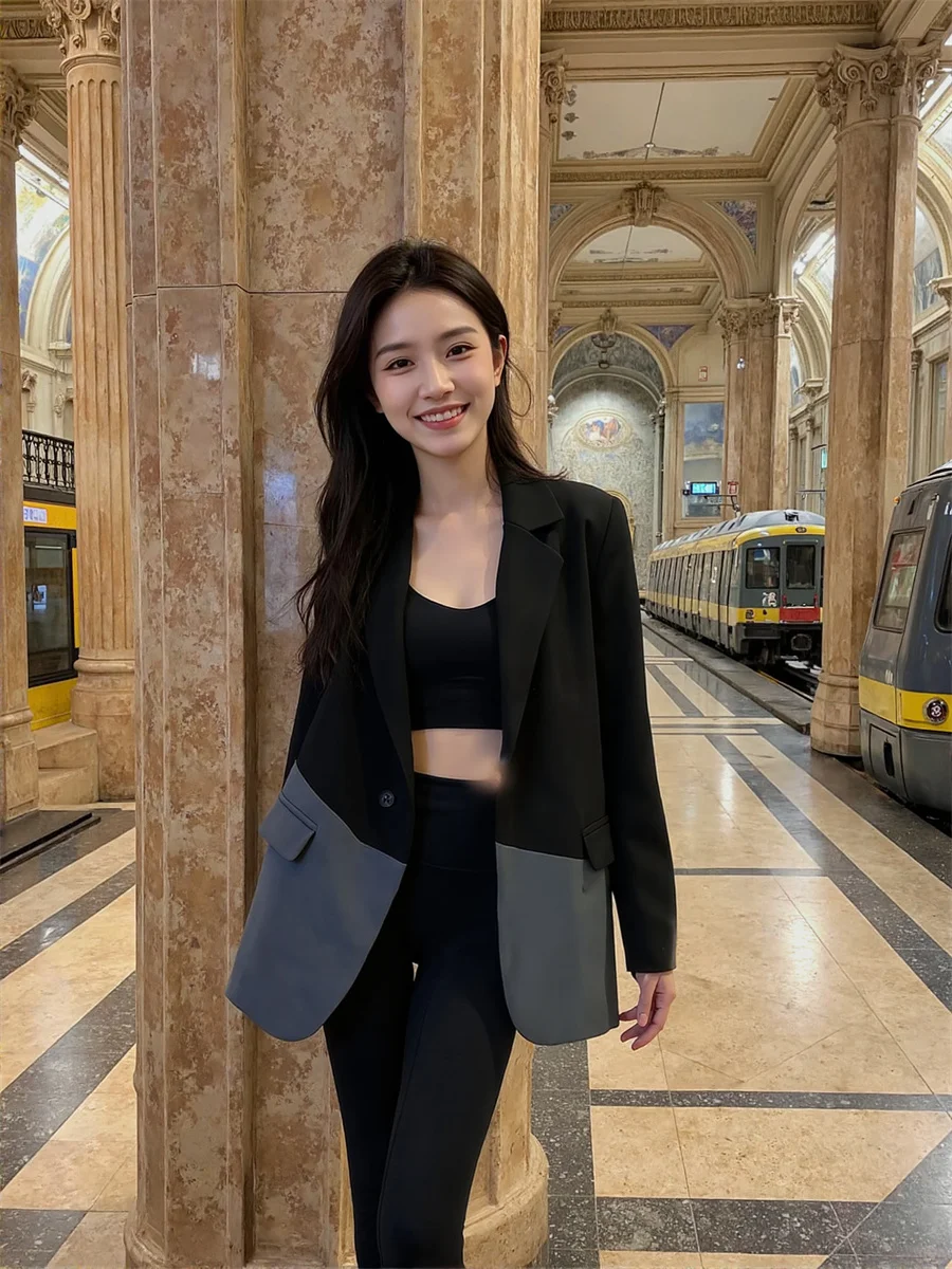 

Patchwork Loose Notched Blazers For Woman 2025 Clothes Women Summer Short-Sleeved Cropped Party Streetwear Trendy Fashion Y2K OL