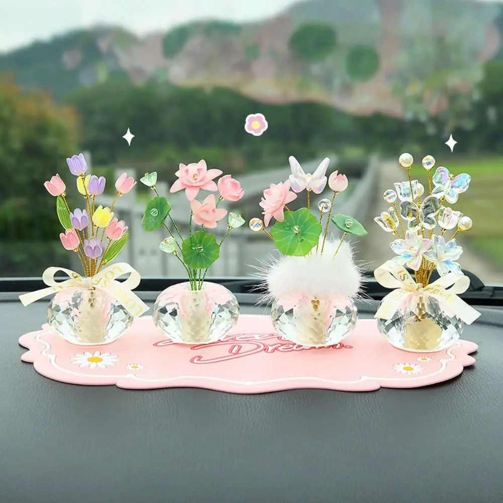 

Creative Mini Crystal Glass Flowers Lotus Shaped Realistic Crystal Flower Decoration Crystal Base Colorful Car Ornaments