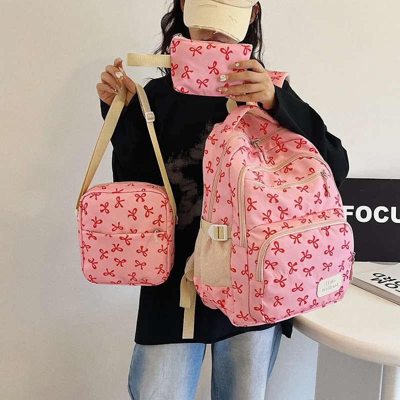3 Pcs/Set Cute girl Large Capacity Backpack Bow Print Nylon Schoolbag Adjustable Strap Women daily Campus Backpack