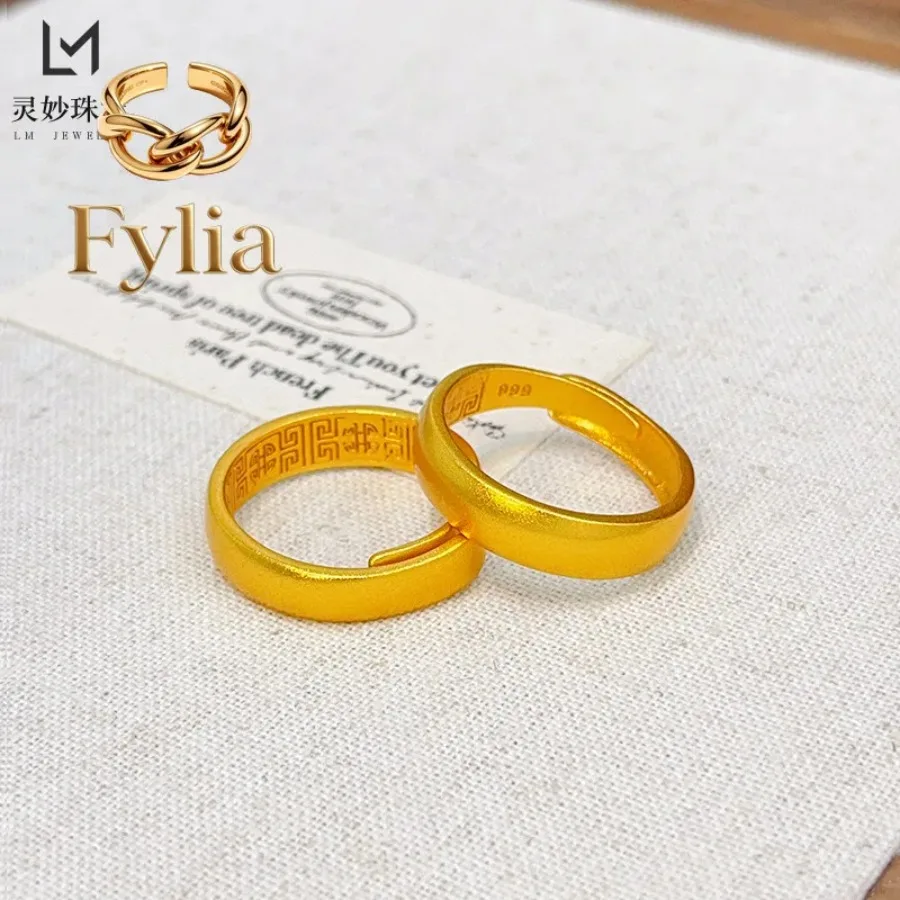 

Fylia Jewelry Ancient method 24K real gold 999 matte wide face back pattern ring solid pure opening ring simple fashion gift f