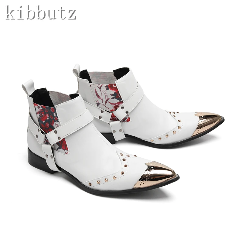 جديد أزياء الرجال تشيلسي الأحذية المعدنية أشار تو المسامير جلد طبيعي حذاء من الجلد النمط البريطاني أحذية الحفلات غير رسمية