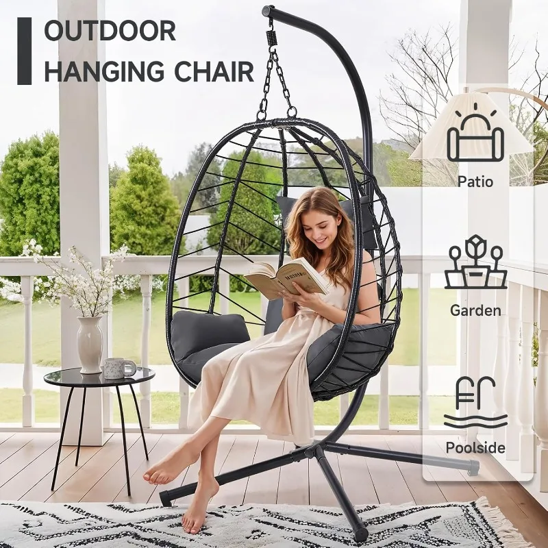 Hanging Egg Chair with Stand, Outdoor Indoor Egg Swing Chair with Cushion Headrest, Wicker Rattan Egg Chair with Chains, 35
