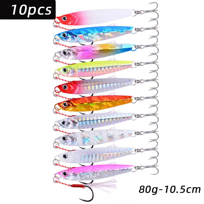 10pcs Metal Cast Jigs Spoon  Saltwater Lures Set  60g 80g Shore Casting Jigging Fish Sea Bass Fishing Lure Artificial Bait