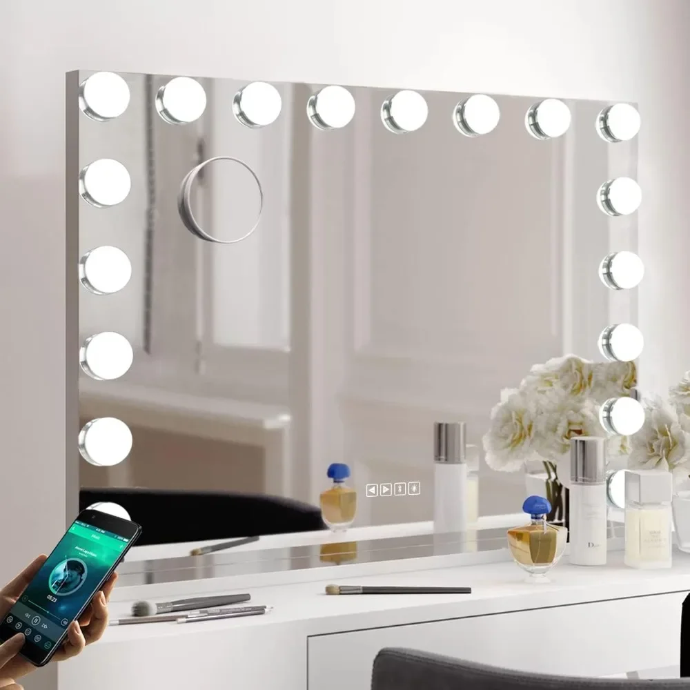 Mirror With Sturdy Base, 18 Dimmable LED Bulbs, 3 Light Colors Q#lL # Vanity Mirror With Lights And Speaker Lighted, Makeup