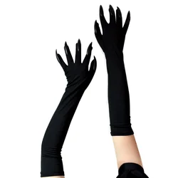 New Halloween Makeup Witch Nail Ghost Cat Demon Paw Gloves Cosplay Black Elastic Satin Stage Performance Long Mittens Women