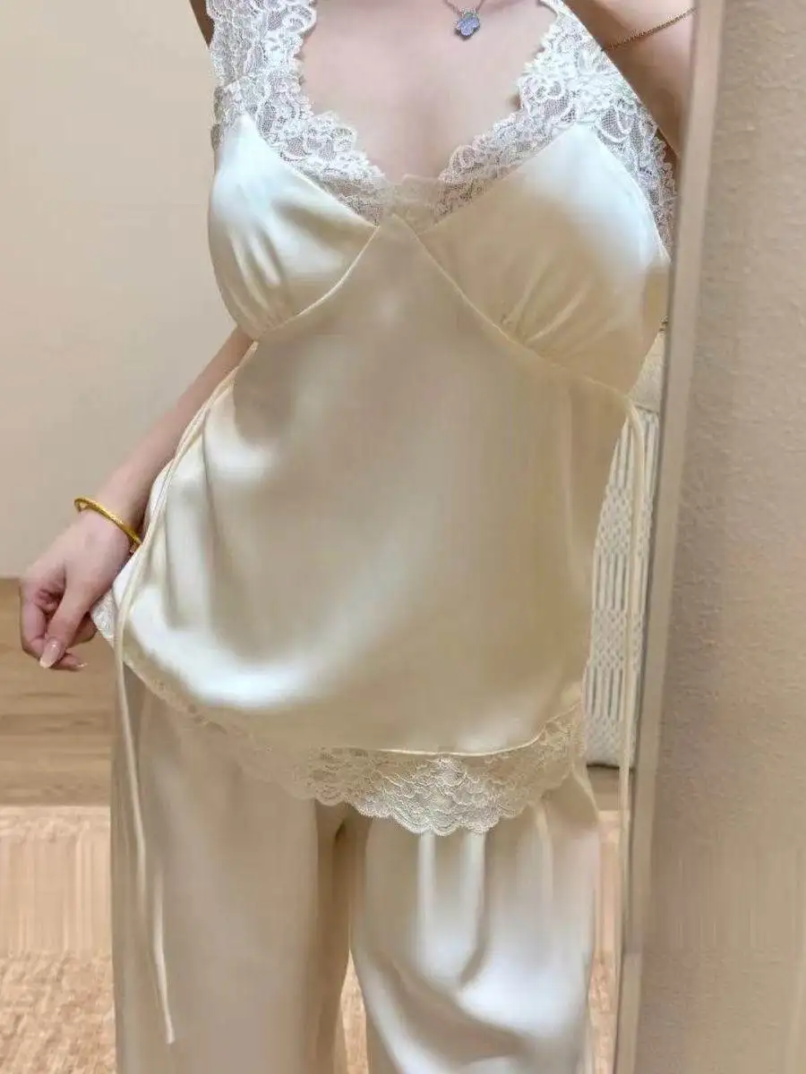 

plus Size Lace Splice Strap Sleepwear Women's Summer Home Clothes Set Casual Style High Waist Pants V-Neck Sleeveless Outfit