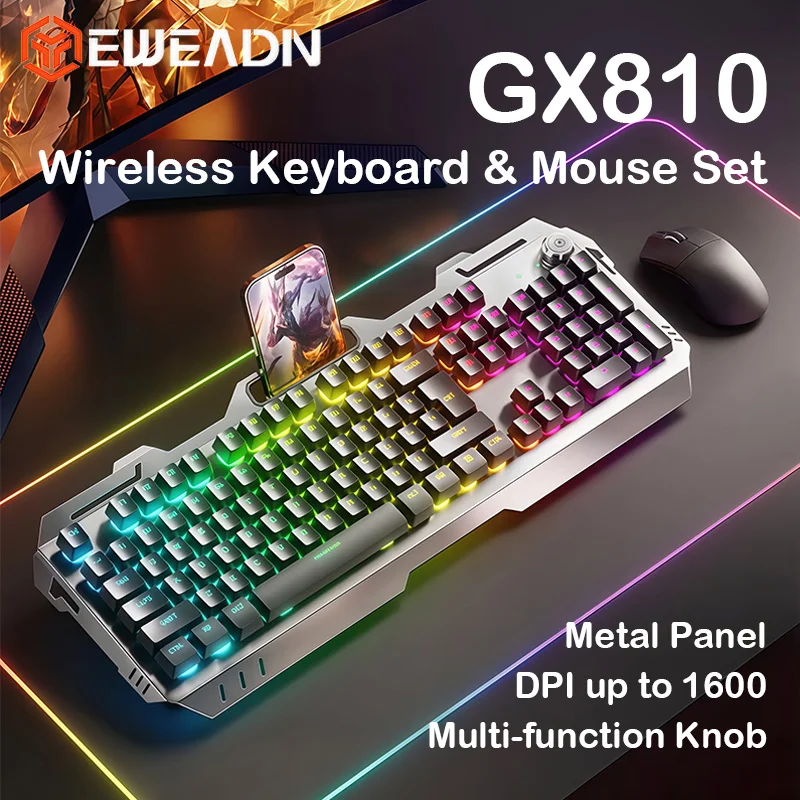 EWEADN EWEADN GX810 Wireless Keyboard Mouse Combo 104 Keys Mechanical‑Feel Metal Panel RGB Backlit Multimedia Knob Gaming Set - Aliexpress Deal