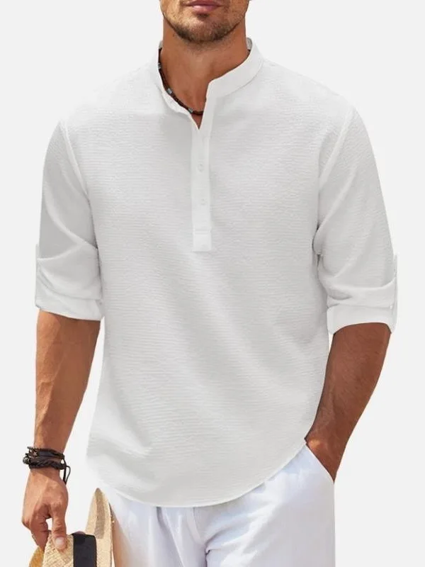 

Summer Men's Shirt Mid-Sleeve Stand Collar Half Buttoned Pineapple Plaid Casual Top Breathable Lightweight Polyester Fiber