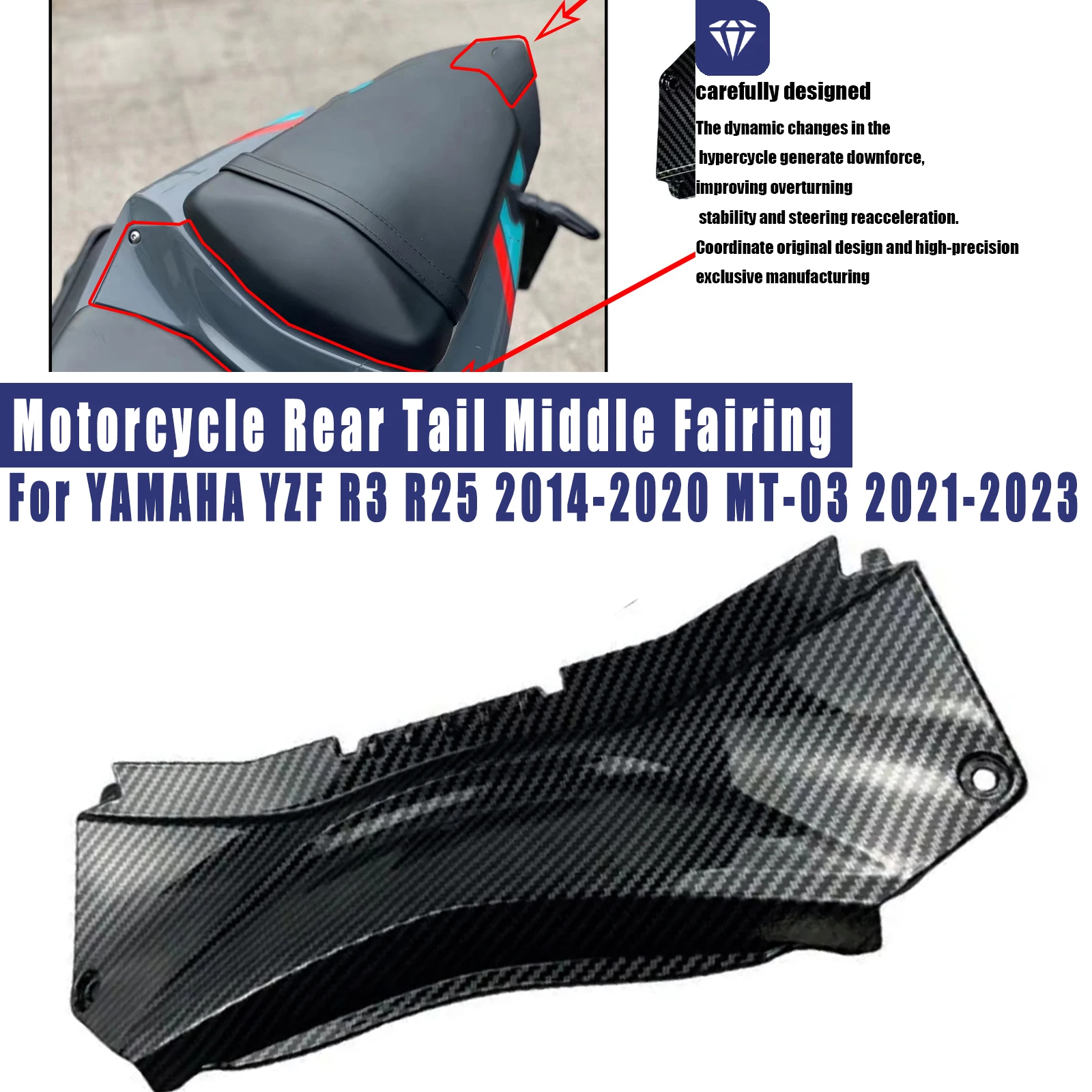Motorcycle Rear Tail Middle Fairing For YAMAHA YZF R3 R25 2014-2020 MT-03 2021-2023 Cowling ABS Plastic Black ABS Carbon Fiber