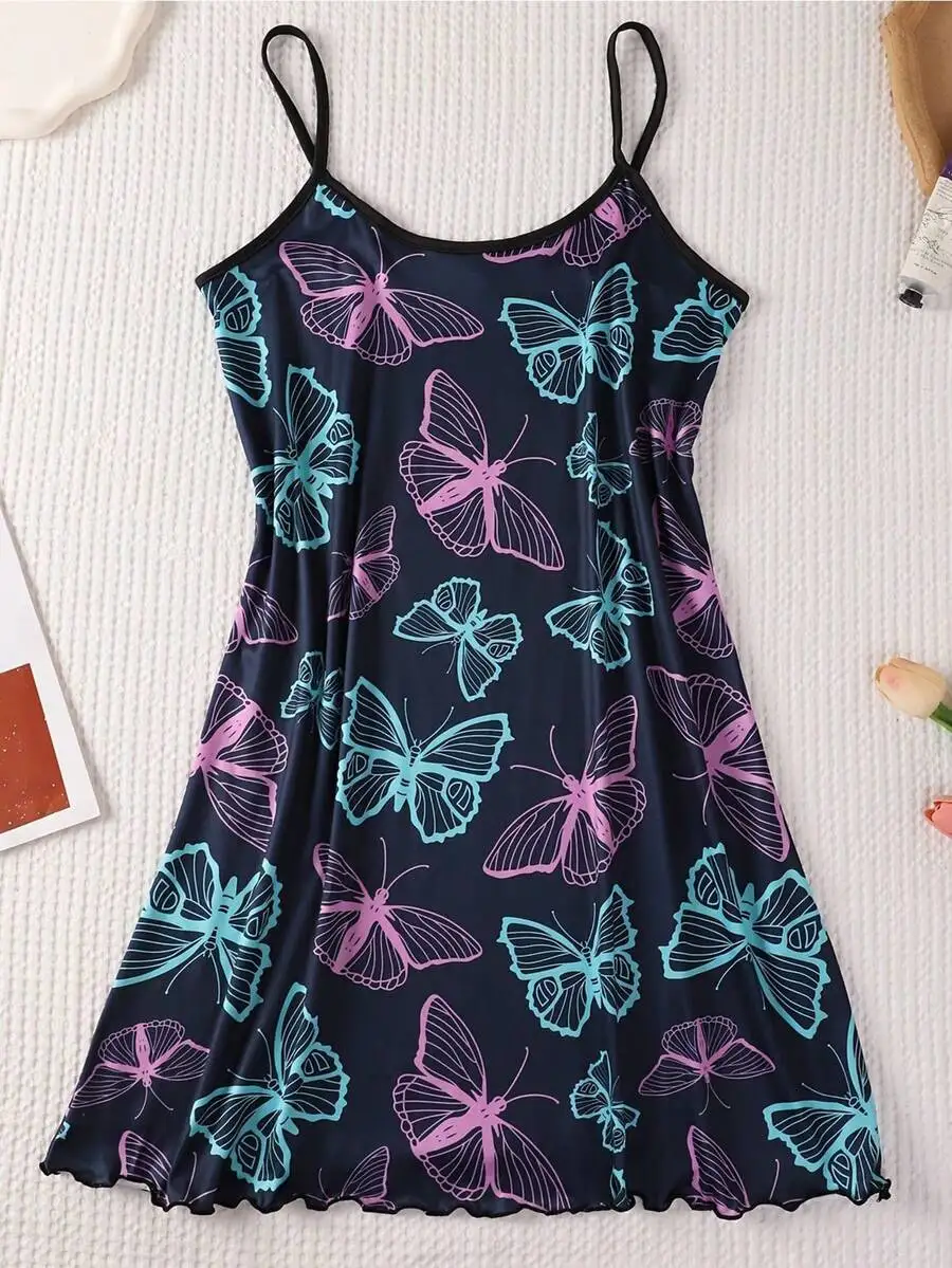 Women Butterfly Print Sleeveless Sleepwear Dress Home Leisure Nightgown