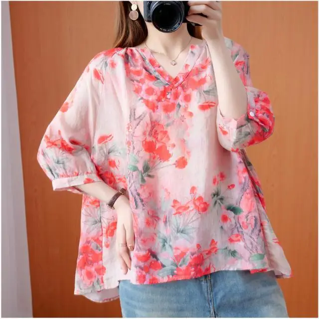 

200 Catties Large Size Women's Loose V-neck Five-point Sleeve Women's New Shirt Fat Mm Age-reducing Thin T-shirt Top for Women