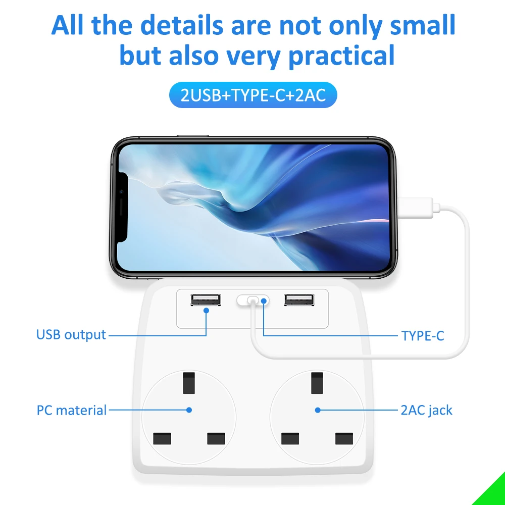 UK Power Socket 1 to 2 Way Plug Extension 2USB 1 Type C Multi Extension Plug Socket 13A Fuse for Home, Office, Kitchen, PC