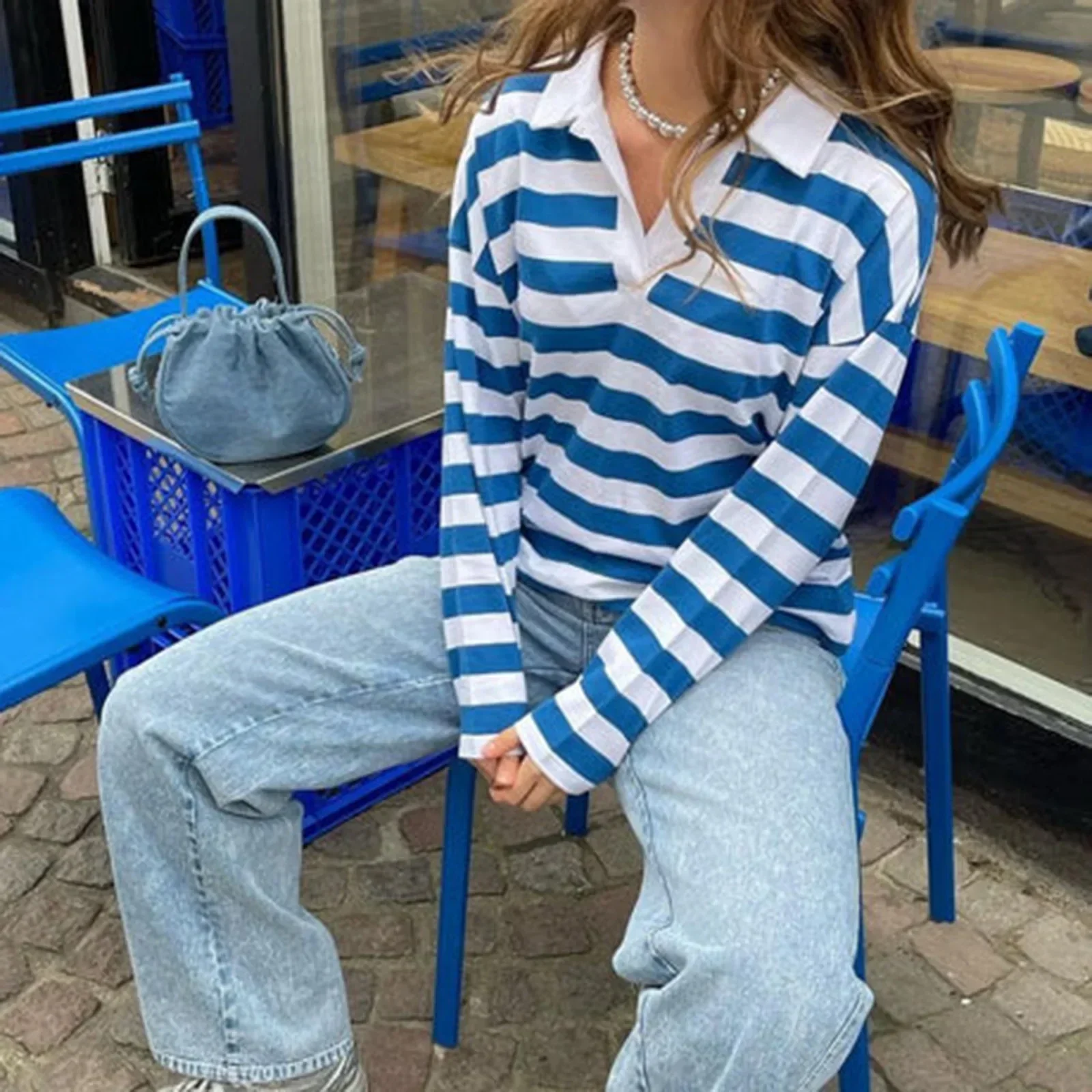 Striped Lapel Oversized Long Sleeve Pullover for Women Y2K Preppy Loose Spring Fall Streetwear Top