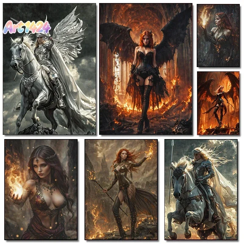 Modern Nordic Female Art Lady Knight Dark Demon Retro Posters Prints Canvas Painting Wall Art Picture Living Room Home Decor