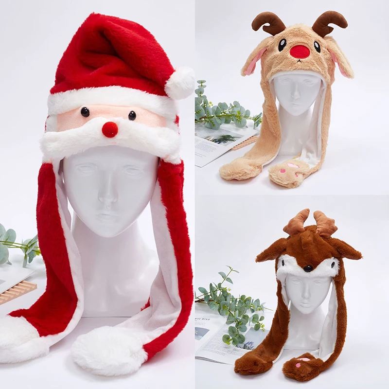 Funny Christmas Halloween Plush Hats Deer Pumpkin Santa Claus Ghost Animals Ears Moving Plush Hats For Boys Girls Holiday Gifts