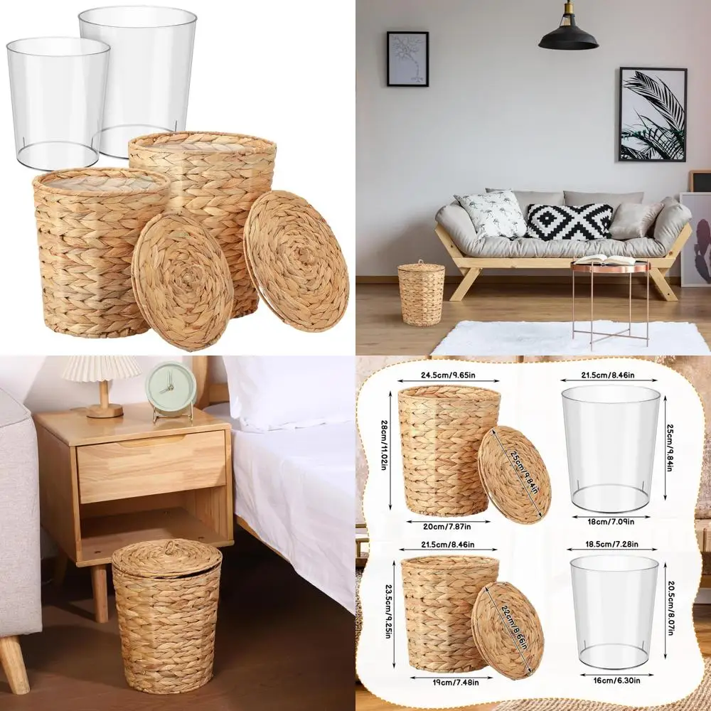 

Wicker Trash Cans with Lids and Liners - 2.7 Gallon and 1.88 Gallon Wastebaskets for Bathroom Storage and Boho Style