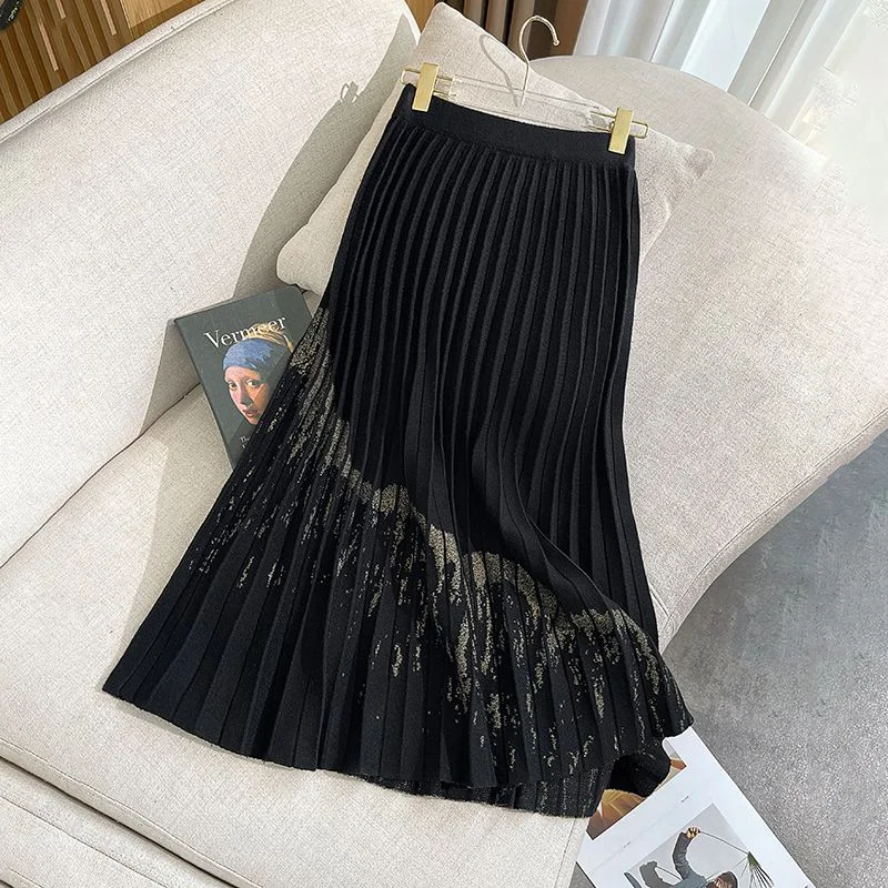 

Трикотажная юбка в сочетании, женская осенне-зимняя юбка средней длины, новая юбка трапециевидной формы, эластичная длинная юбка с высокой талией, трикотажная юбка